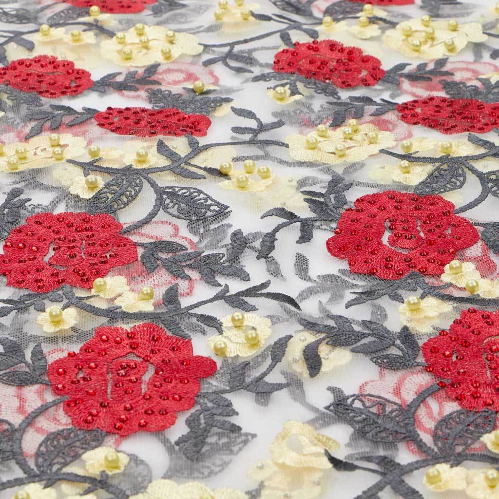 Rose and Vine Embroidered Mesh Fabric | Blue Moon Fabrics - Image 4